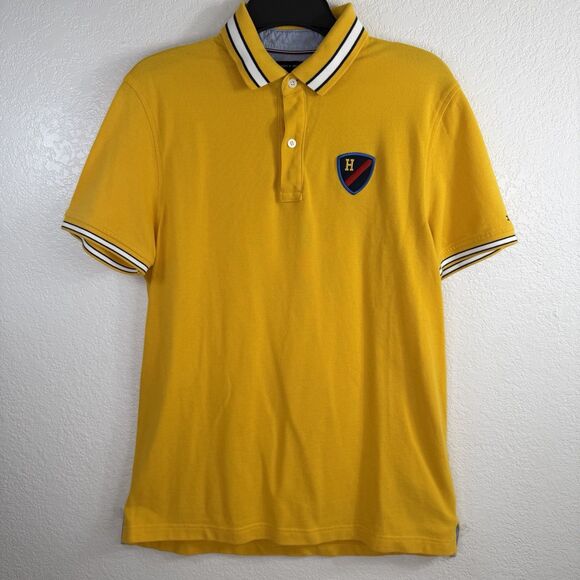 Tommy Hilfiger Embroidered Polo Shirt MEDIUM Yellow 2 Button 100% Cotton - Picture 2 of 10